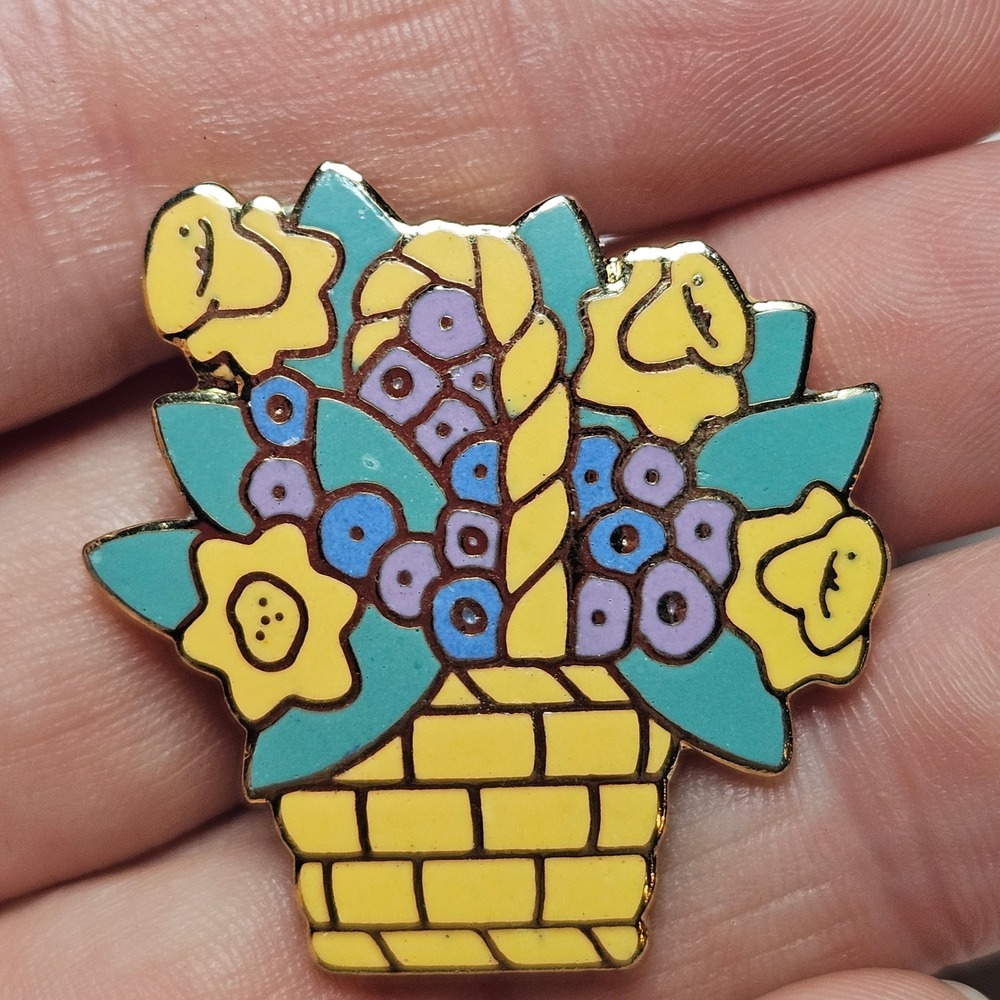 AGC Flower Basket Enamel Pin Unisex OS Yellow Gold Teal Vintage Brooch